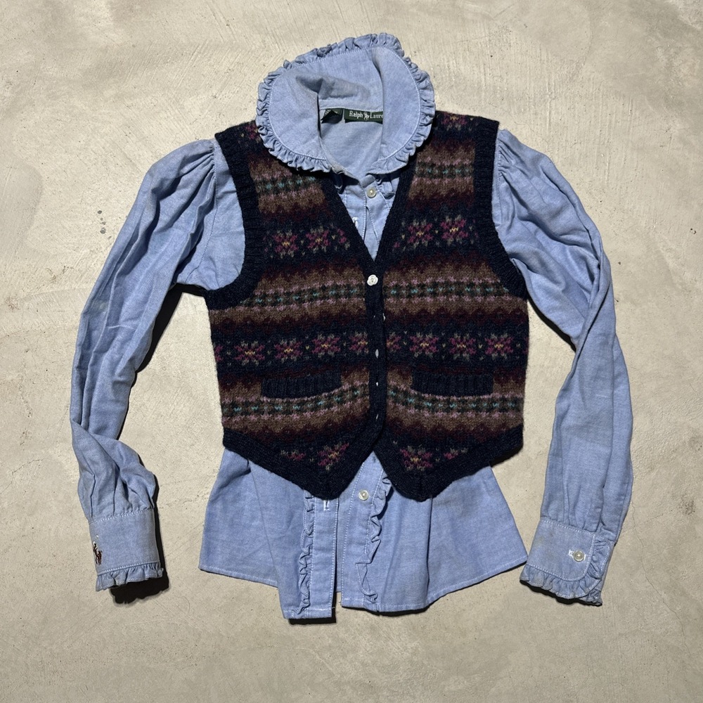 VINTAGE Ralph Lauren Cardigan Sweater Vest Kids Girls SZ  M Wool Floral Blue 80s